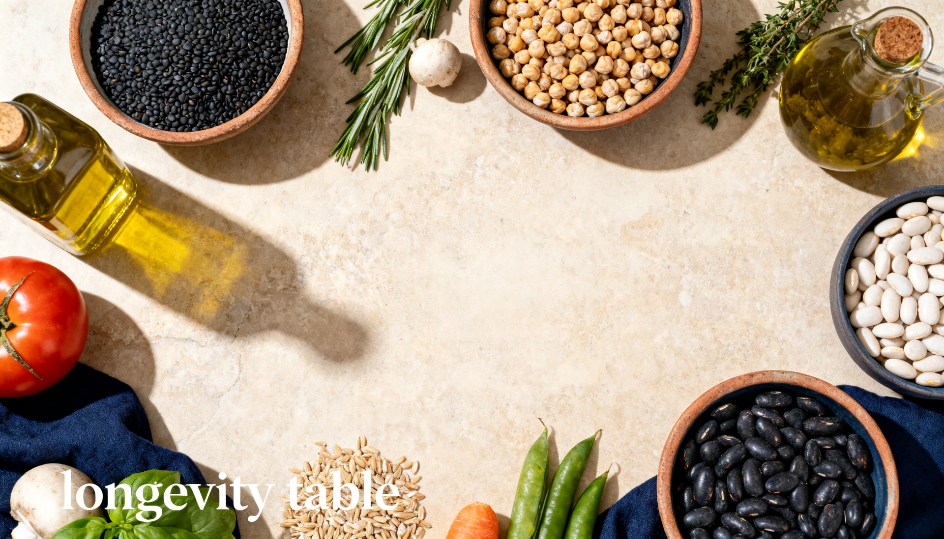 Mesa de longevidad con legumbres, aceite de oliva y vegetales frescos