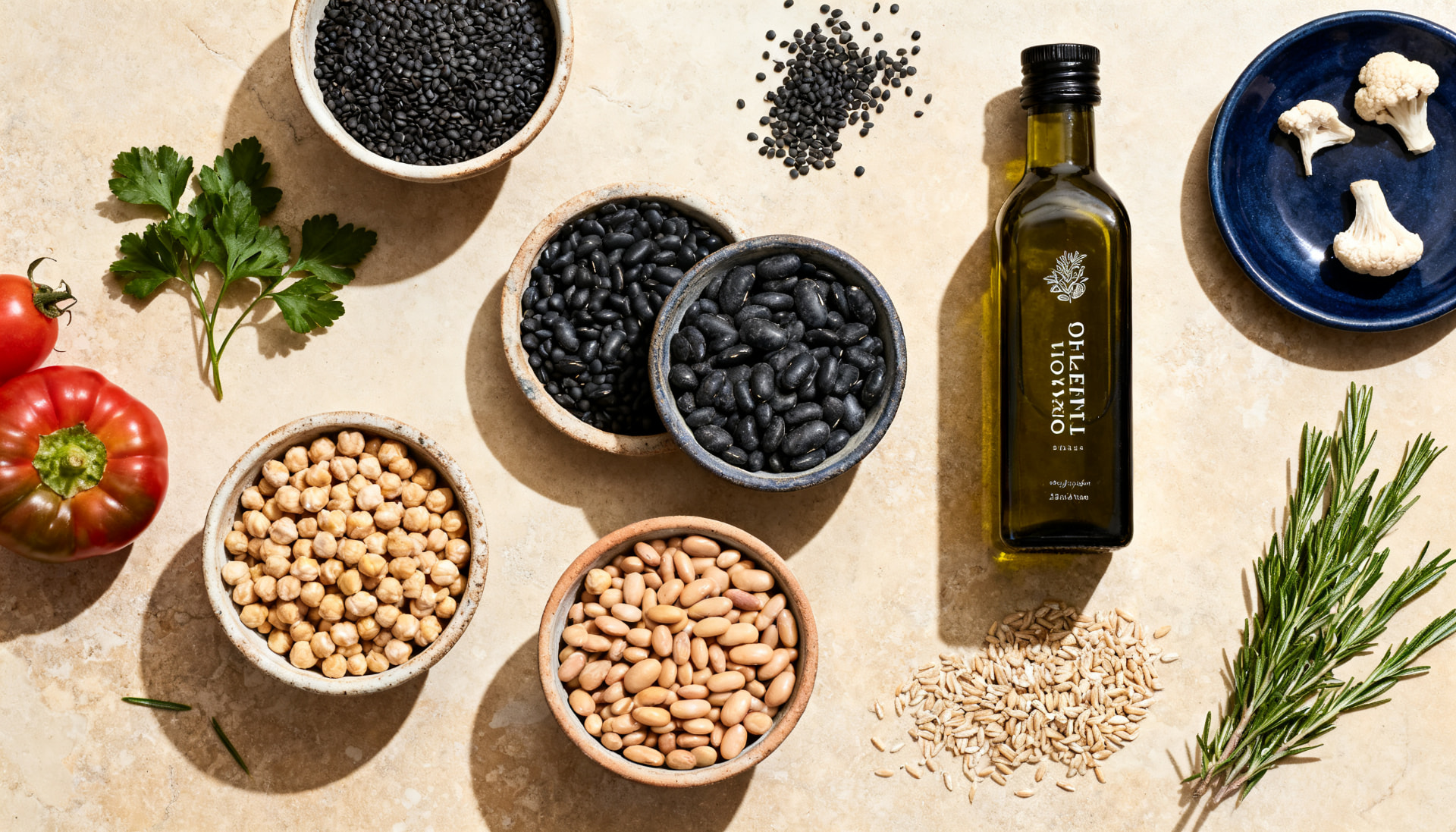Legumbres, aceite de oliva, cereales integrales y hierbas sobre piedra caliza