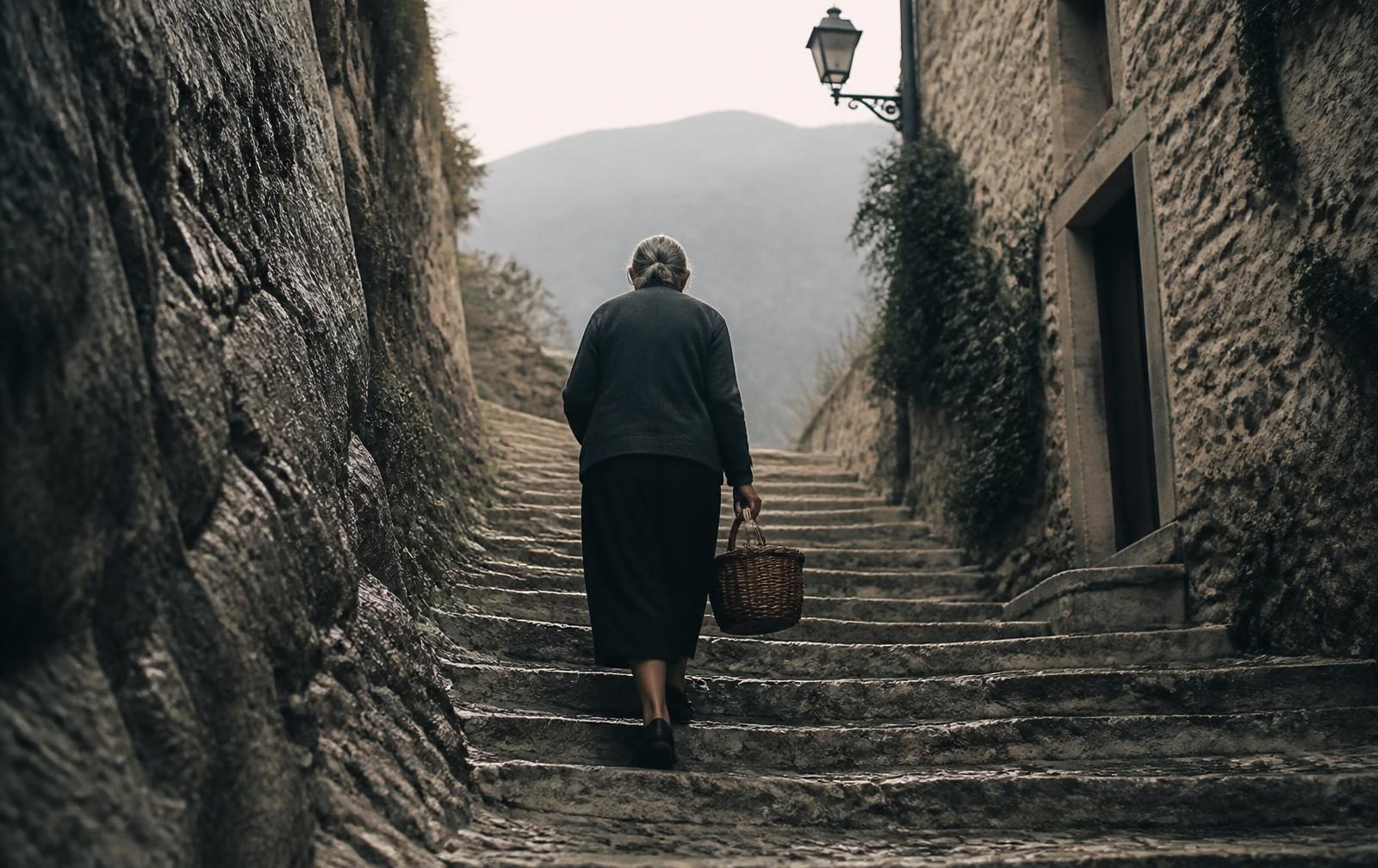 Mujer mayor subiendo una escalera de piedra en un pueblo con una canasta